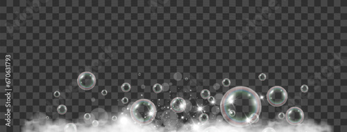 Air bubbles on a transparent background. Soap foam vector illustration.	

