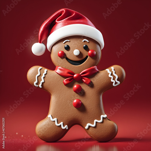 Biscoito Natalino fofo, boneco de gengibre com gorro de natal, laço e cobertura branca de baunilha, fundo vermelho. photo