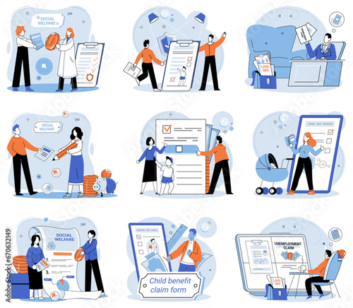 Social security. Vector illustration. The economy is closely linked to performance social security systems Effective control mechanisms are essential for maintaining social security