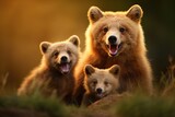 Joyful Bear Family at Sunset