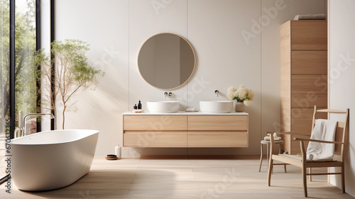 Modern minimalistic bathroom with wood accents 