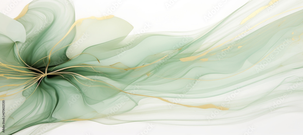 Abstract marbled ink liquid fluid watercolor painting texture banner illustration - Soft mint green petals, blossom flower flowers swirls gold painted lines, isolated on white background