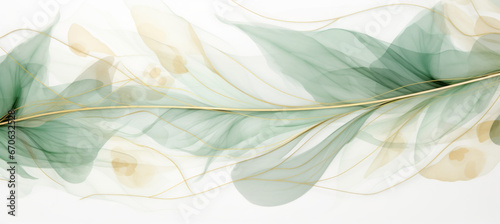 Abstract marbled ink liquid fluid watercolor painting texture banner illustration - Soft mint green petals, blossom flower flowers swirls gold painted lines, isolated on white background