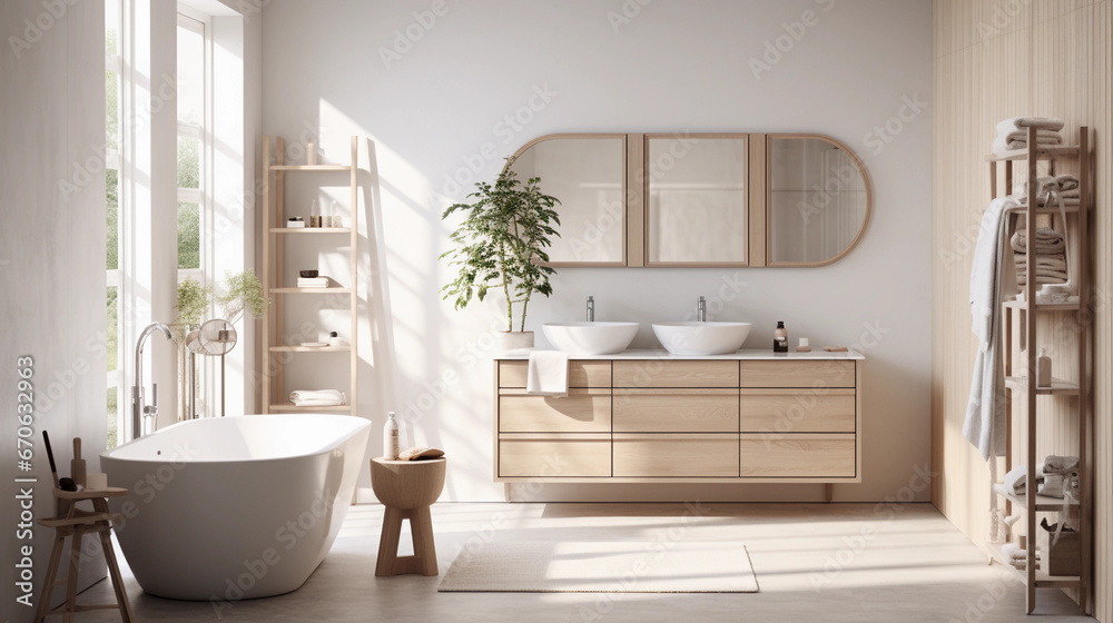 Modern minimalistic bathroom with wood accents  - obrazy, fototapety, plakaty 