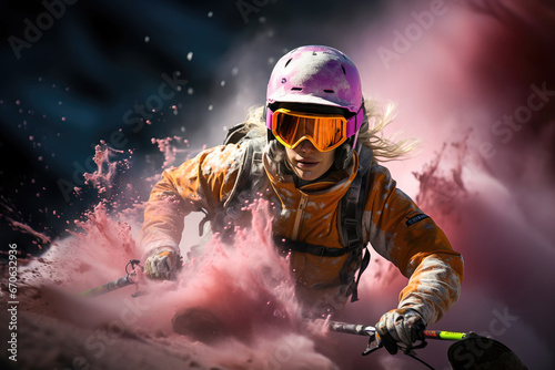 Dynamic close-up of a female skier in action, surrounded by splashing snow against a contrasting mountain backdrop.