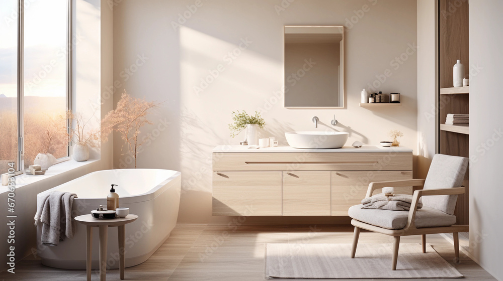 Modern minimalistic bathroom with wood accents Modern minimalistic bathroom with wood accents