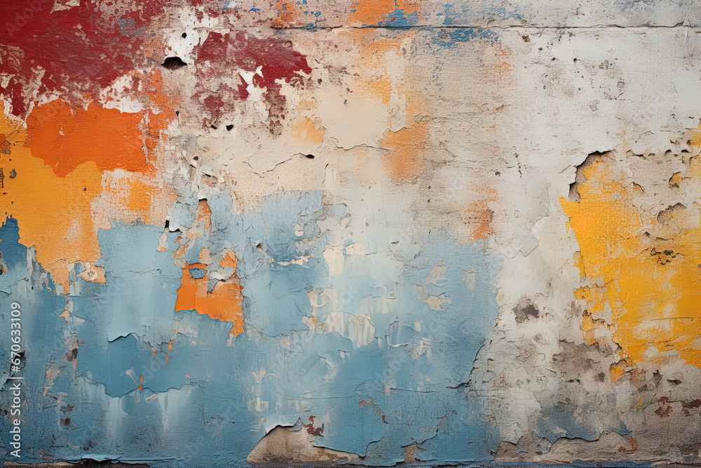 Old weathered concrete wall with peeling paint with different colors on each layer textured background