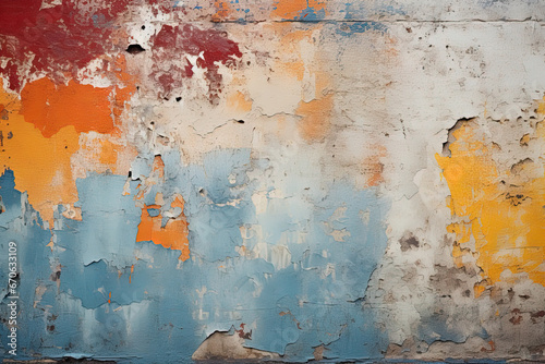 Old weathered concrete wall with peeling paint with different colors on each layer textured background photo