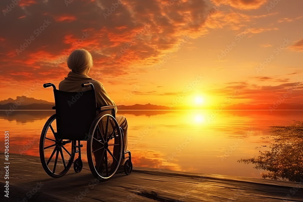 old woman in a wheelchair looking at the sunset, generative ai 