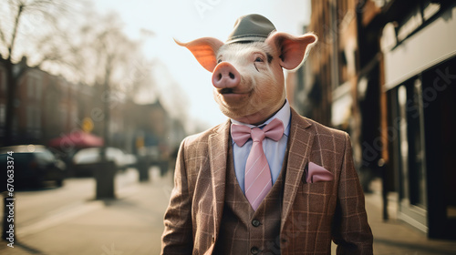 pig in a suit on street, generative ai 