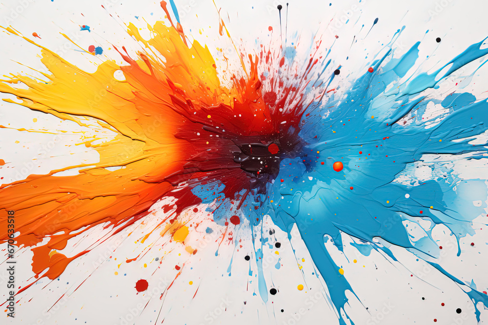 Colorful textured bright vivid orange blue and red oil paint splatters