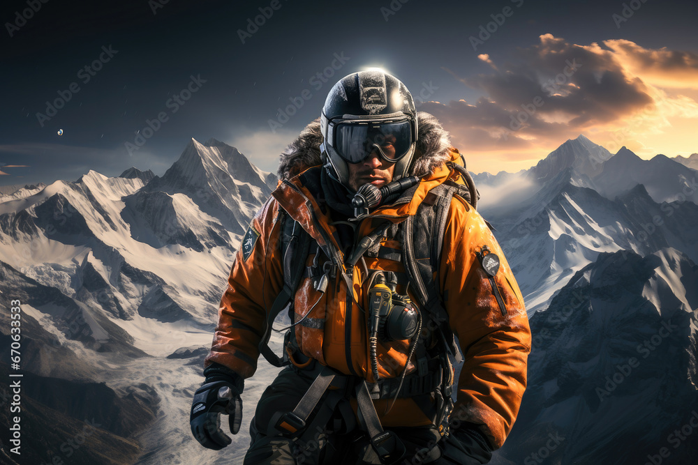Determined mountaineer, equipped with climbing gear, stands against a snowy mountain backdrop during sunset. Determined mountaineer, equipped with climbing gear, stands against a snowy mountain backdrop during sunset.
