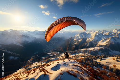 Paraglider soaring over majestic snow-covered mountains during a serene sunset, capturing the essence of freedom and adventure.