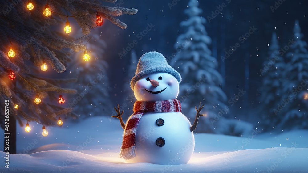 snowman stands in the snow against a background of Christmas lights, generative ai 