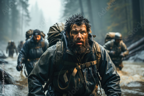 Muddy and bearded soldier navigating through a foggy forest with his unit in challenging conditions.