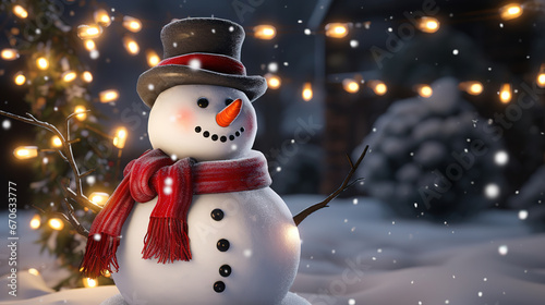 snowman stands in the snow against a background of Christmas lights, generative ai  © vvalentine