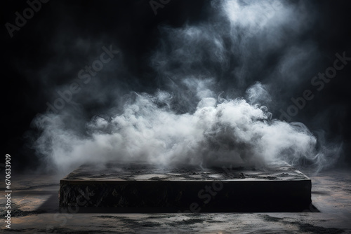 stone podium in smoke on a dark background mockup for advertising products and goods