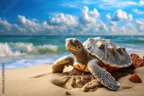 turtle on the beach sea in background, generative ai 