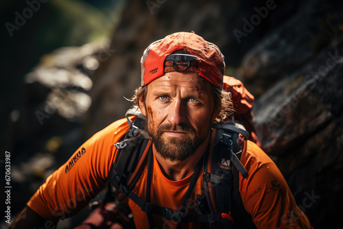 Close-up of a determined mountaineer with beard, wearing an orange outfit, navigating rocky terrain.