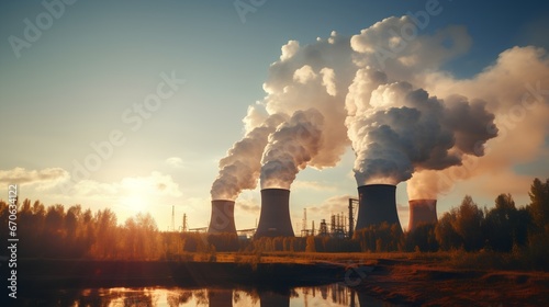 Industrial power plant with thick CO2 smoke from chimney. Pollution and carbon dioxide emissions footprint from fossil fuel burning. Global warming cause and urban environment problem from factories. photo