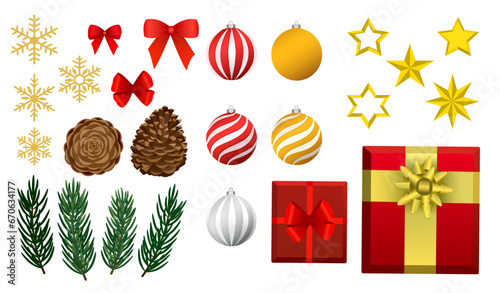 Beautiful collection Christmas ornament set, pine leaves branch, conifer cone, decorative ball, golden snowflake, red gift present box, bow ribbon, star, vector illustration winter holiday celebration