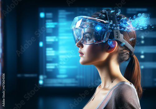 Woman with digital glasses in digital abstract world technology. AI generative