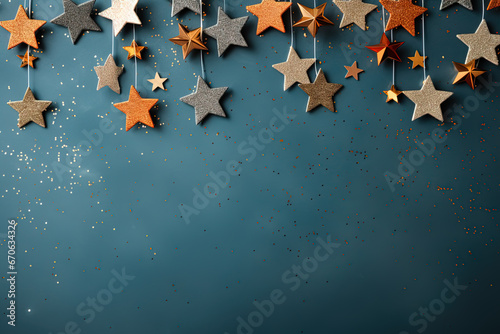 Flat lay mock up with shiny glitter stars on ropes on dark blue background with glitter dots