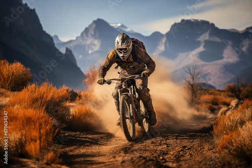 Mountain biker racing through a desert trail with majestic mountains in the background during sunset.