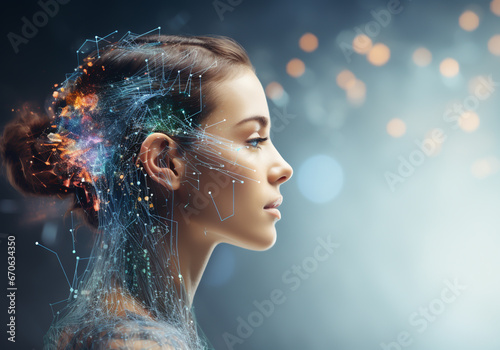 Woman in digital abstract world technology with connection network. AI generative