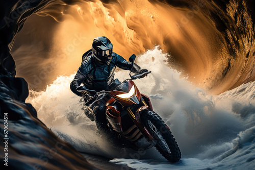 Intense action shot of a motocross rider navigating rough terrain with dramatic lighting and powerful motion.