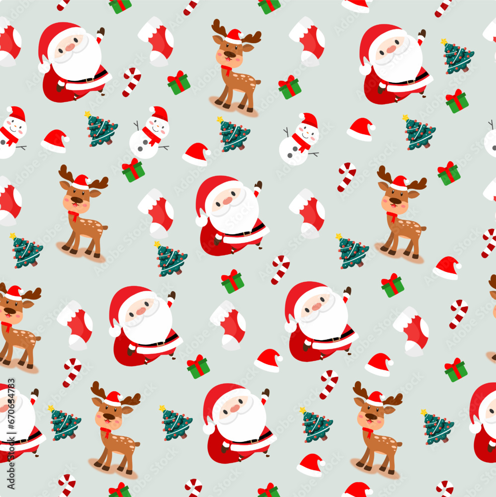 Santa Claus, snowman and deer, seamless pattern. Christmas holiday cartoon background. vector, Illustration.