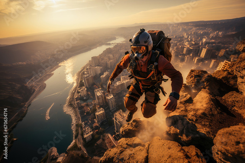 Adventurous base jumper leaps from a cliff with a captivating coastal cityscape and sunset backdrop.