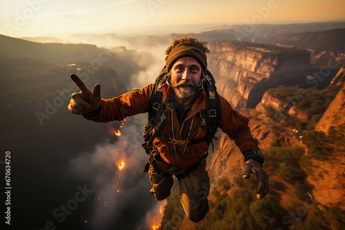 Skydiver soaring over a breathtaking mountainous landscape, capturing the essence of extreme adventure during sunset.