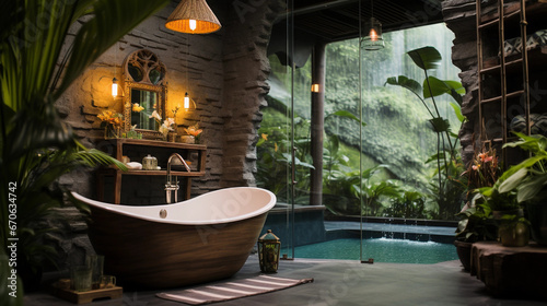 Modern tropical style bathroom with a bathtub