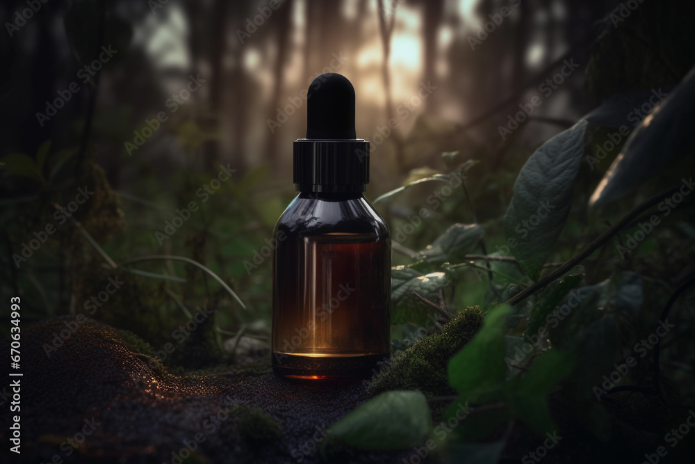 Styled Glass Dropper Bottle on Lush Green Botanical Backdrop: Ready-for-Branding Serum or Oil Packaging Mockup. Generative Ai. Styled Glass Dropper Bottle on Lush Green Botanical Backdrop: Ready-for-Branding Serum or Oil Packaging Mockup. Generative Ai.