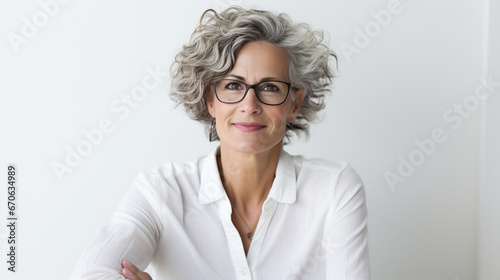 Kobieta w średnim wieku w okularach, pewna siebie patrzy w obiektyw.