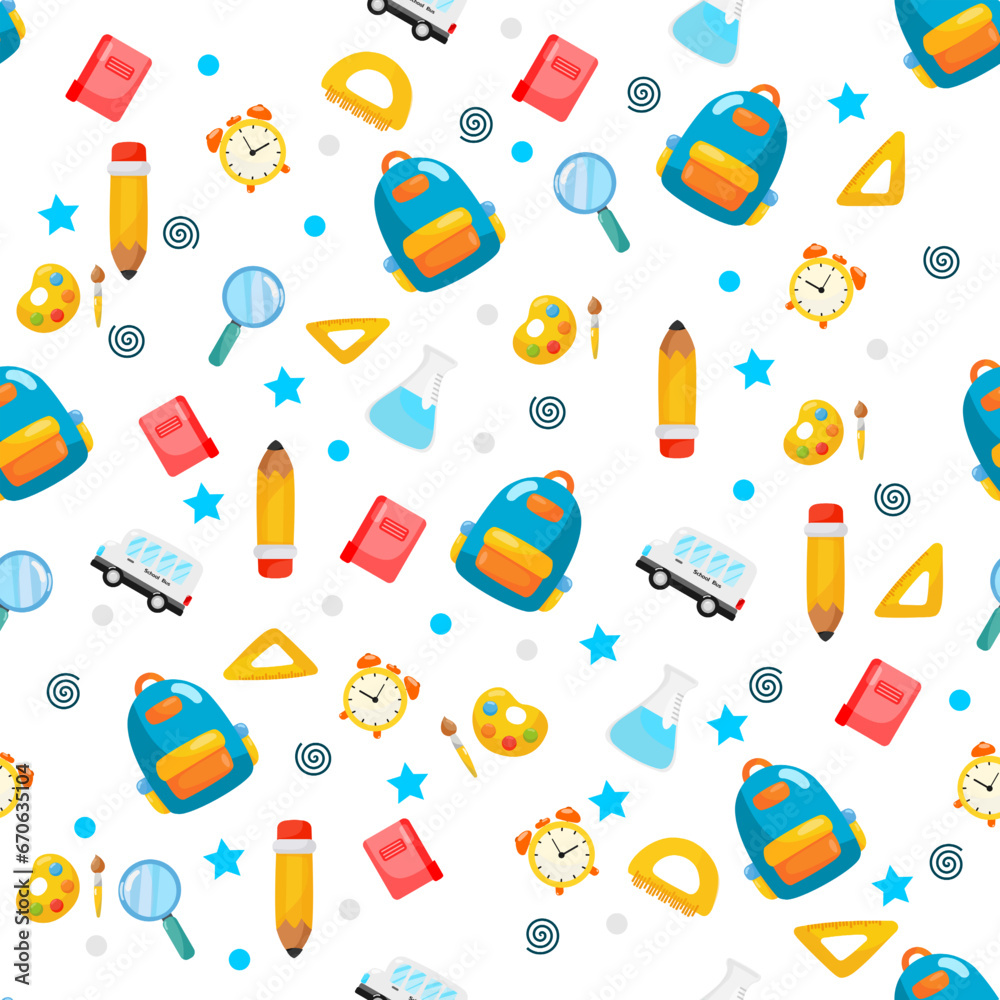 Seamless pattern of school tools, supplies, stationery in flat style. , wrapping paper, wallpaper, textile. Vector illustration isolated on white Seamless pattern of school tools, supplies, stationery in flat style. , wrapping paper, wallpaper, textile. Vector illustration isolated on white
