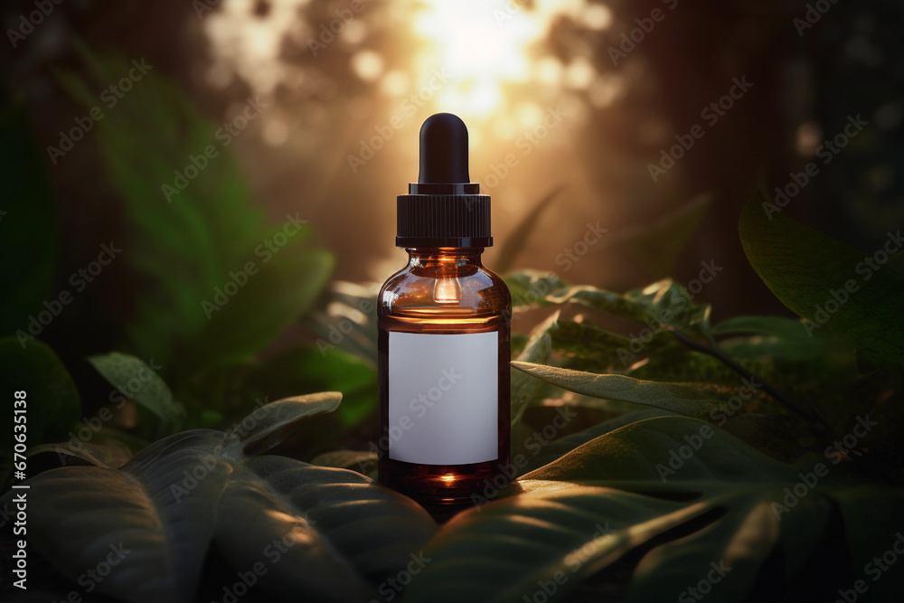 Organic Skincare Essence: Dropper Bottle of Face Serum Amidst Fresh Green Foliage. White Blank Label. Generative Ai. Organic Skincare Essence: Dropper Bottle of Face Serum Amidst Fresh Green Foliage. White Blank Label. Generative Ai.
