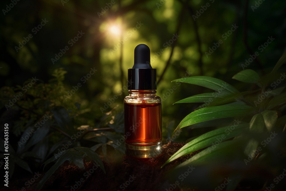 Drop Bottle Mockup with Blank Label for Branding, Presented Against a Tropical Plant and Forest Backdrop. Generative Ai.