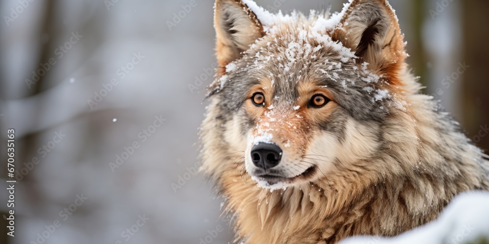 Portrait of a wolf in the snowy forest. Wild animals. Portrait of a wolf in the snowy forest. Wild animals.