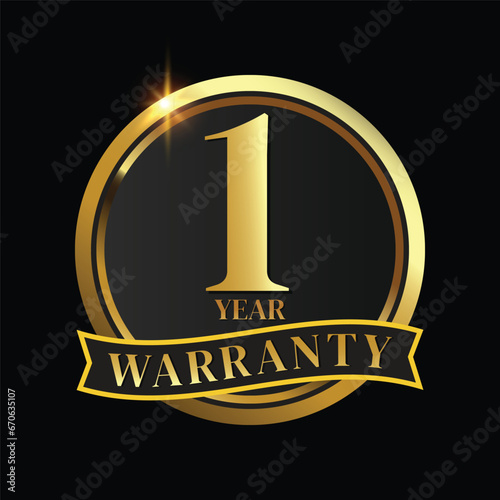 1 year warranty logo with golden shield and golden ribbon.Vector illustration.