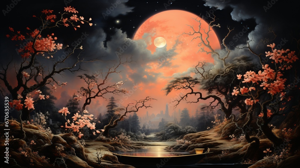 A moonlit river flows beneath a canopy of trees, casting a spell of enchantment upon the wild and untamed landscape A moonlit river flows beneath a canopy of trees, casting a spell of enchantment upon the wild and untamed landscape
