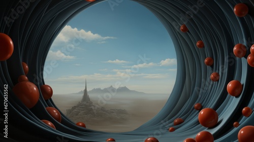 A solitary round window, adorned with crimson spheres, breaks through the endless expanse of desert, offering a glimpse of the boundless sky beyond