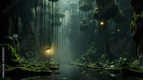 A mystical cave enveloped in a verdant forest, where the tranquil waters of a winding river glisten with the ethereal glow of illuminated plants © Envision