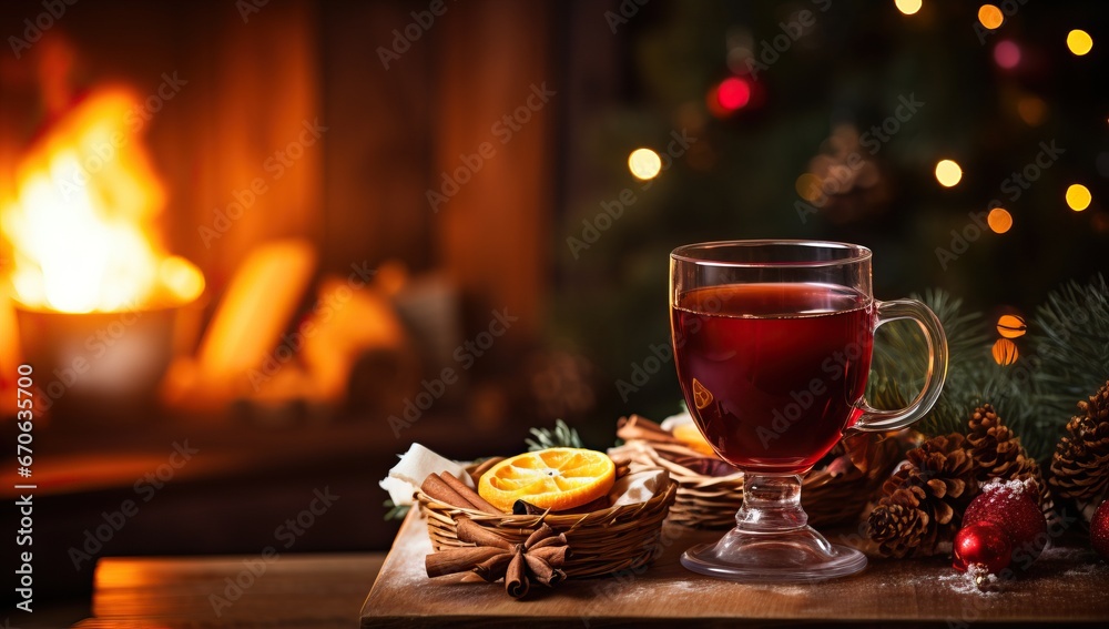 Mulled wine with spices and christmas decoration in front of fireplace