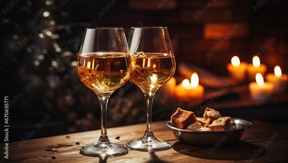 Two glasses of white wine on a wooden table with candles in the background