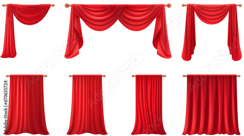 Set of red realistic luxury curtain cornice decor domestic fabric interior drapery textile lambrequin, velvet illustration isolated on transparent background. Generative AI photo