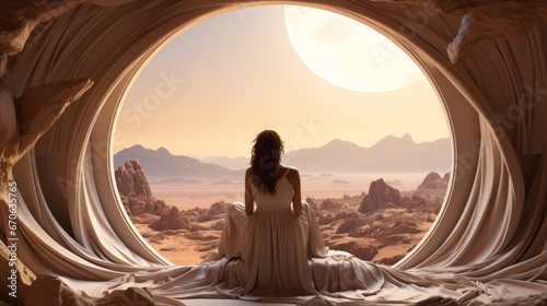A solitary woman gazes out of a grand building's window, her flowing white dress a stark contrast against the rugged mountains and barren desert landscape photo