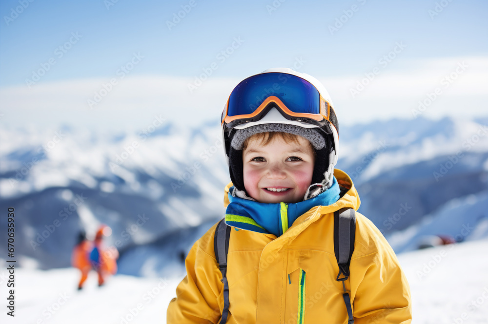 Kid learning to ski in the mountains, happy wintertime, winter break