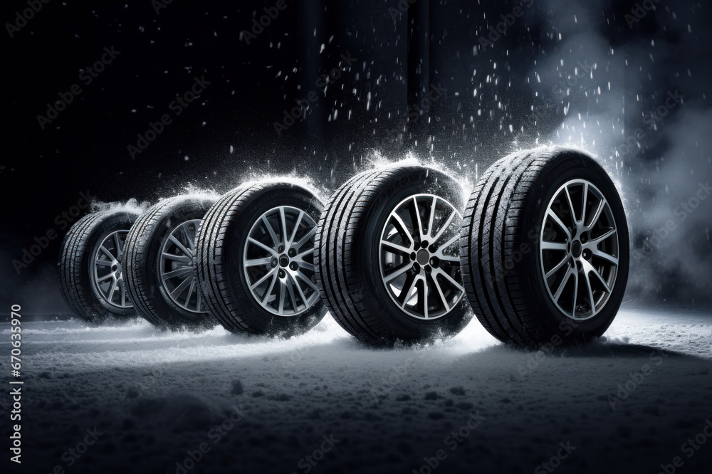 Wheels with winter tires ready for winter with snow and all difficult weather conditions Wheels with winter tires ready for winter with snow and all difficult weather conditions